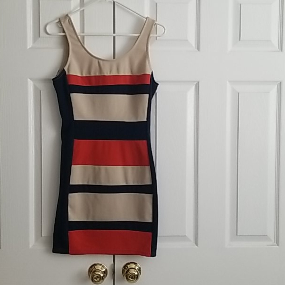 Orange, blue, cream color block dress